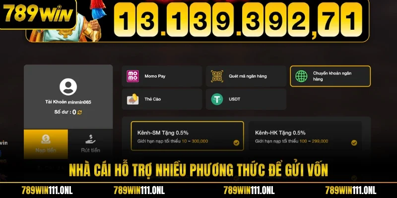 Nhà cái hỗ trợ nhiều phương thức để gửi vốn